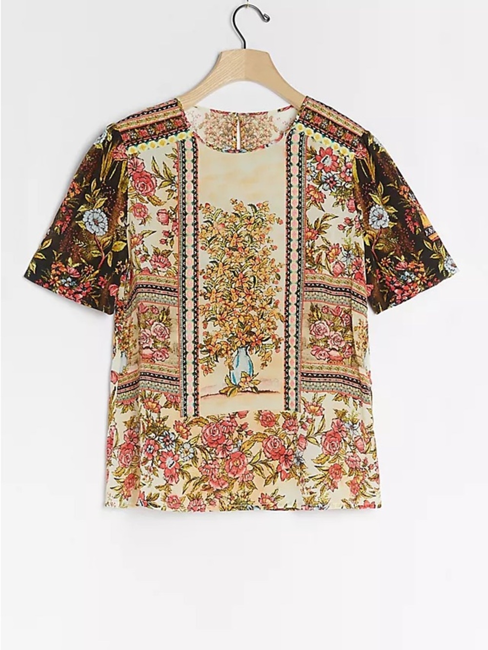 Anthropologie Floral Patchwork Short Sleeve Tee in Cream, Brown, Pink and Green
